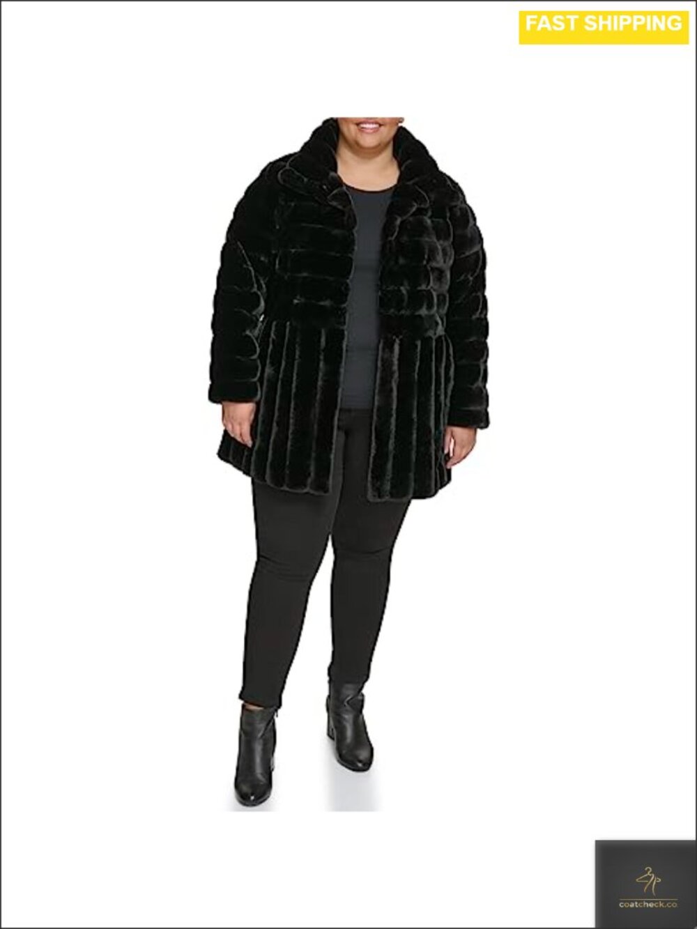 Faux Fur Jacket Stand Collar Mixed Grooved Vertical Horizontal Panels